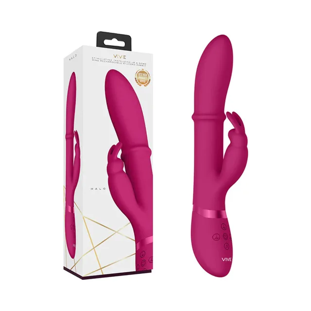 Pink VIVE HALO rabbit vibrator with integrated shaft ring beside box