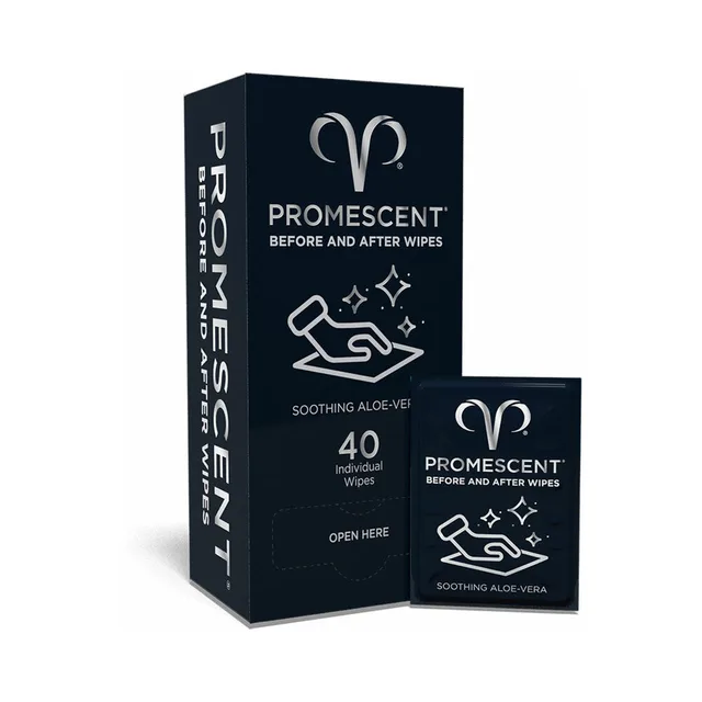 navy Promescent Before and After 40-wipe carton with one individual packet