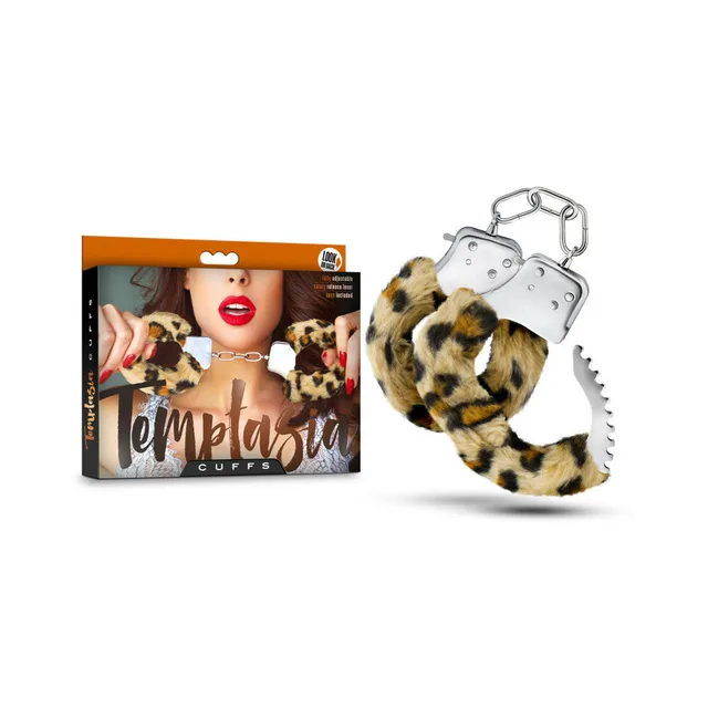 Blush Temptasia Leopard Faux-Fur Cuffs beside black retail carton