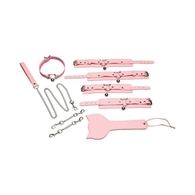 Kitty Bondage Set light-pink straps, bell collar, chains and paddle