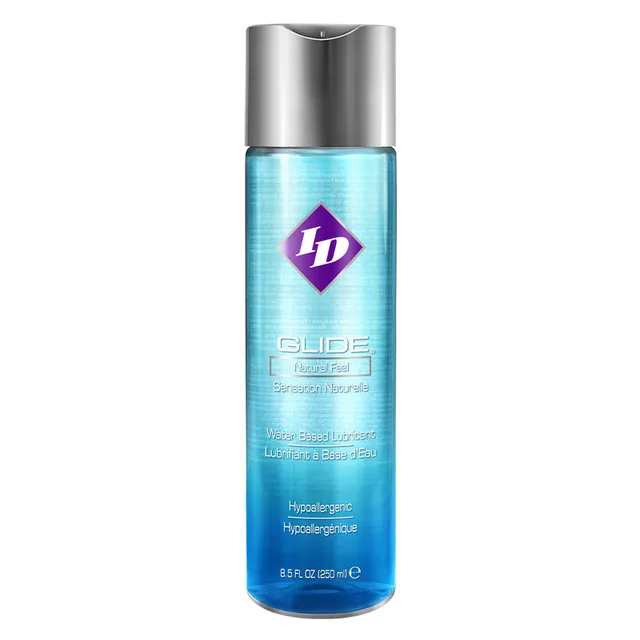 ID Glide Clear Lubricant 8.5 oz tall transparent bottle with silver disc-top cap