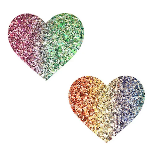 Pair of Neva Nude heart pasties with split multicolor glitter panels