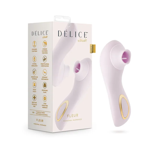 Barely Purple Délice Fleur suction massager beside white and gold box