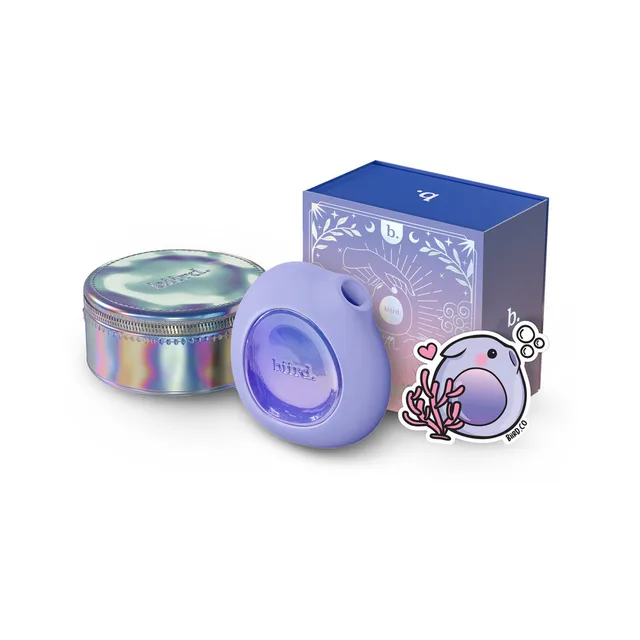 Biird Lumii lilac suction stimulator beside iridescent pouch box and sticker