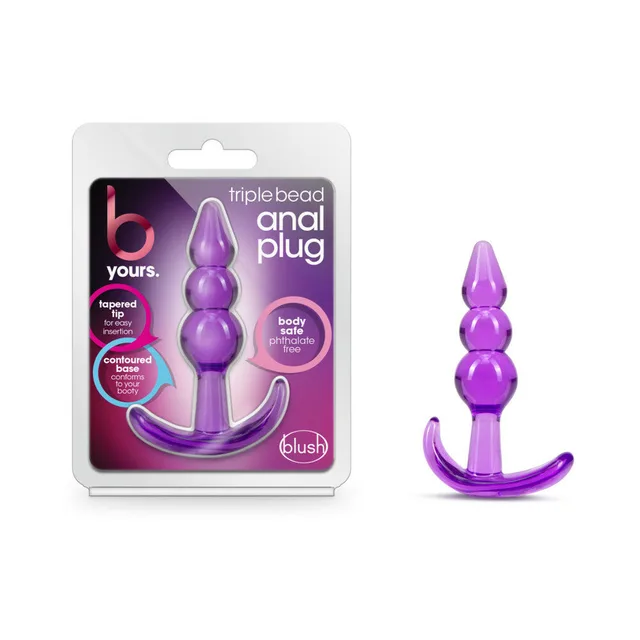 Purple B Yours triple-bead plug beside clear retail package