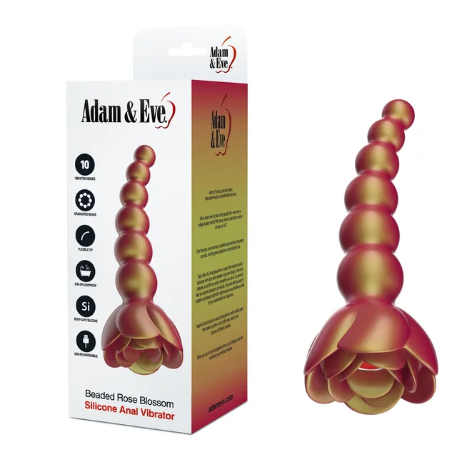 Adam and Eve Beaded Rose Blossom bronze vibrator beside white and gold retail box