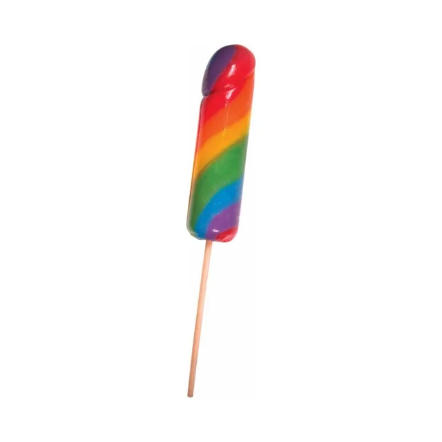 Unwrapped rainbow striped jumbo novelty candy pop on a wooden stick
