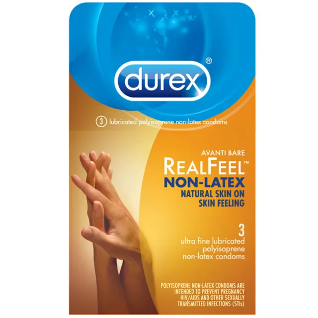 Durex Avanti Bare Real Feel orange and blue three-count condom carton front