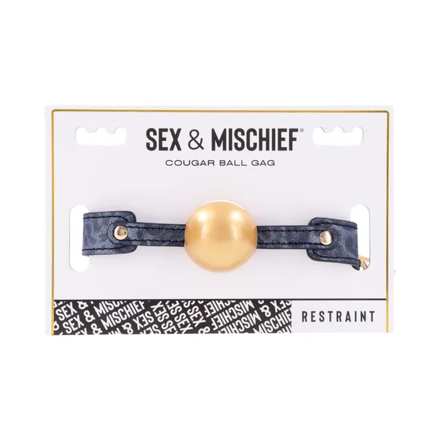 Sportsheets Cougar blue strap ball gag gold ball and studded strap on white retail card