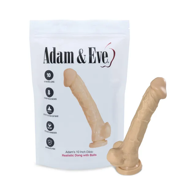 Adam & Eve 10-inch beige realistic dildo beside white bag packaging
