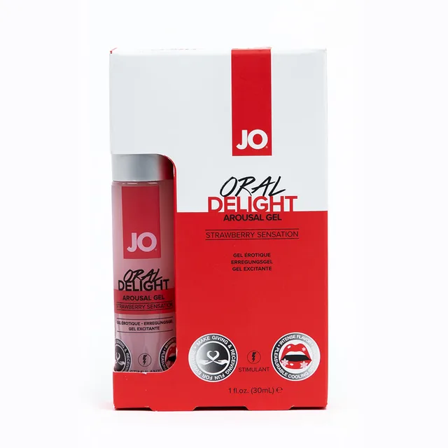 System JO Oral Delight Strawberry Gel red bottle inside red and white windowed carton