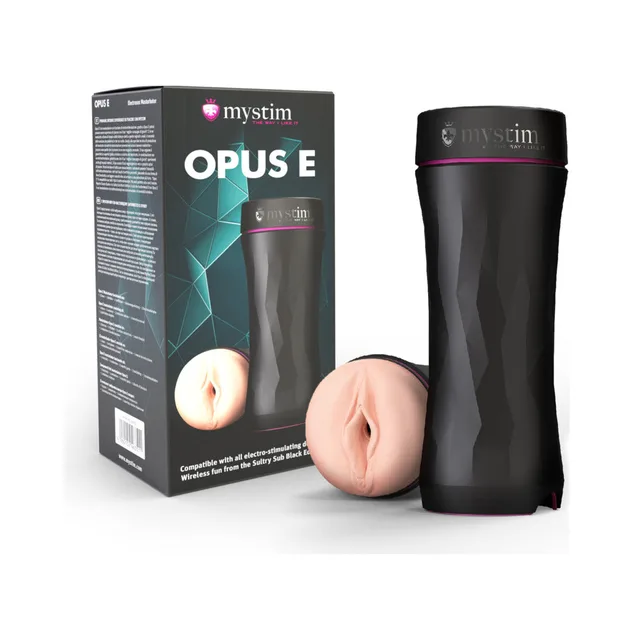 Mystim Opus E light-beige stroker beside black retail box