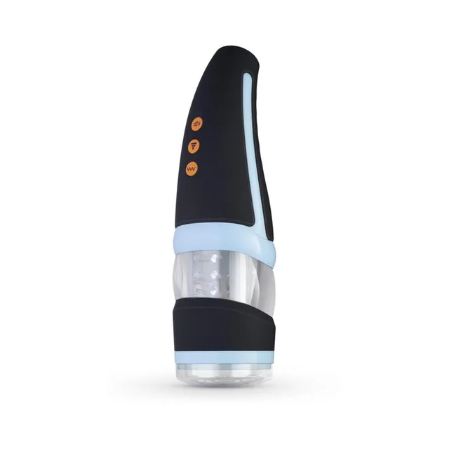 black CRUIZR CP02 automatic masturbator with blue accents and clear lower chamber