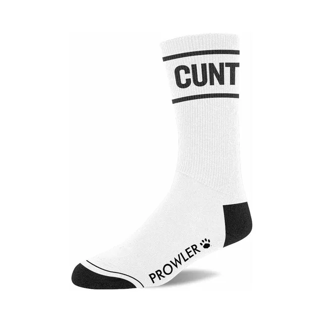 Single white Prowler RED Cunt sock showing cuff text and paw logo