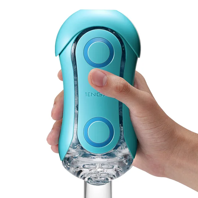 Ocean Blue TENGA Flip Orb clamshell masturbator held upright in hand