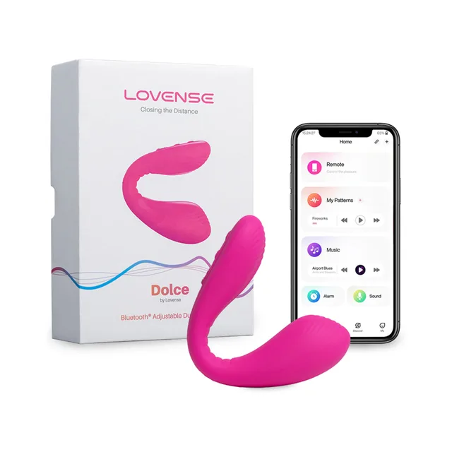 Pink Lovense Dolce vibrator with white box and mobile app screen