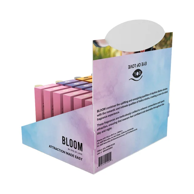 rear view of Eye of Love Bloom cardboard display with boxed perfume rows