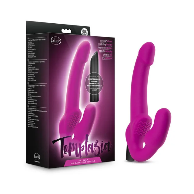 Temptasia Estella retail box beside hot pink strapless dildo