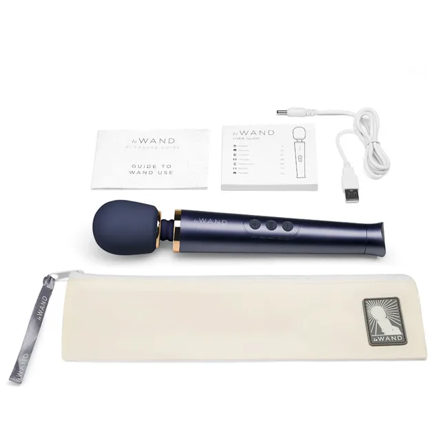 Le Wand Petite navy rechargeable massager rounded head wand with storage pouch and charging cable