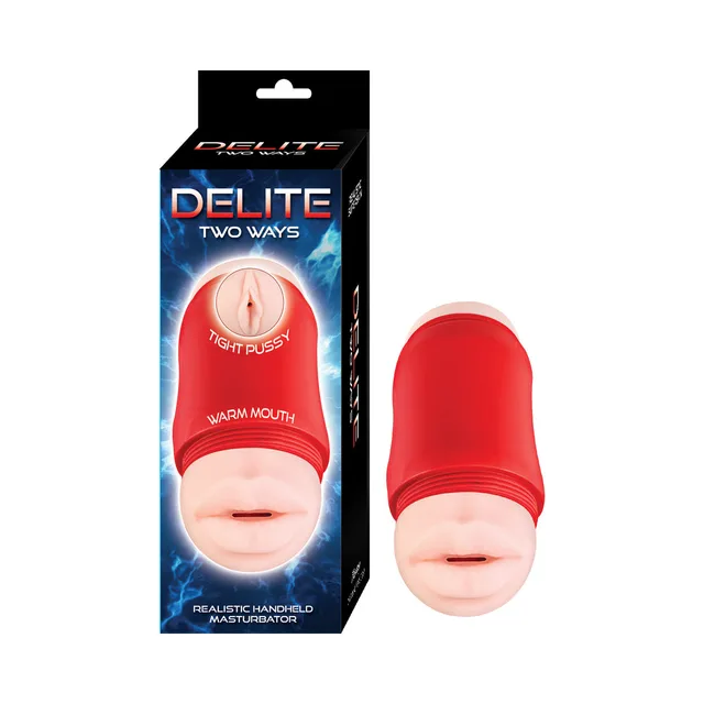 beige mouth opening on Nasstoys Delite Two Ways stroker beside red and black box