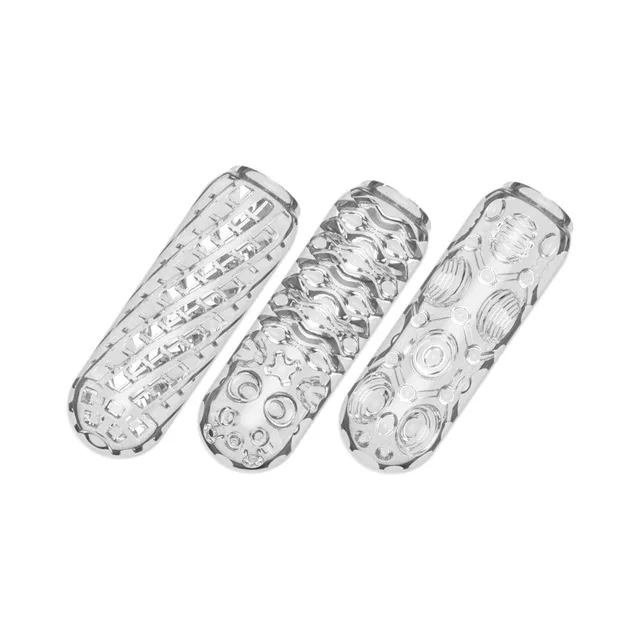 Three Crystal Trio clear sleeves arranged diagonally to show varied textures