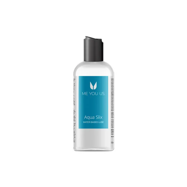 Me You Us Aqua Slix clear 3.3 oz bottle with teal label and black cap