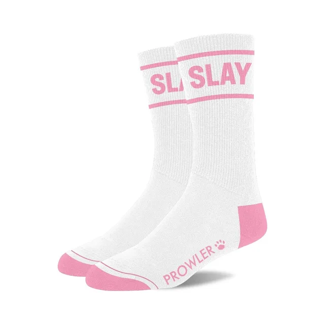 Pair of white Prowler socks with pink SLAY cuff lettering