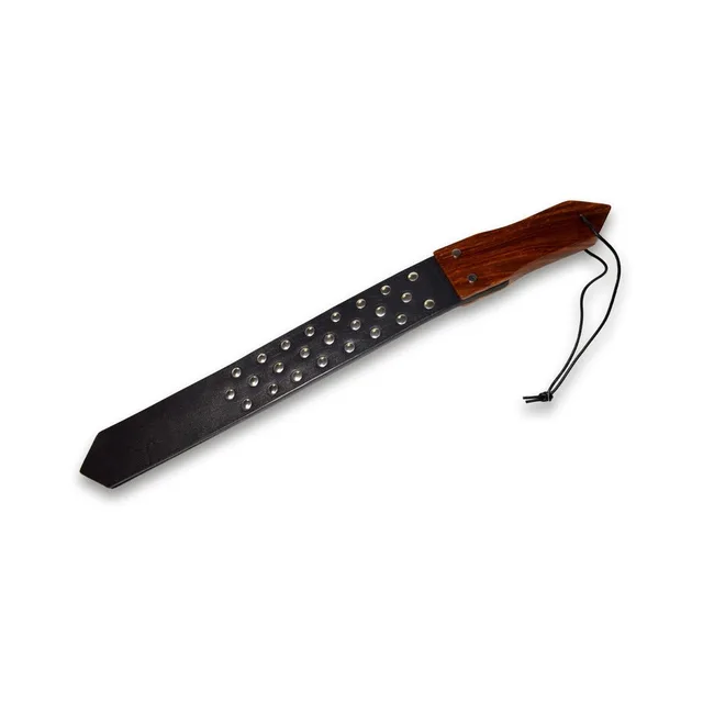 Prowler RED black leather paddle with rows of silver studs
