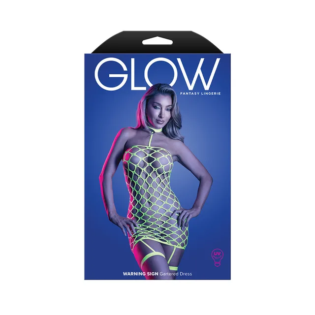 Fantasy Lingerie Glow Warning Sign Gartered Dress Rhinestone Fence Net O/S