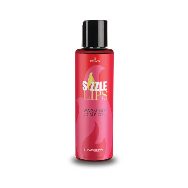 Sensuva Sizzle Lips Strawberry Gel slim red bottle with black cap and yellow lettering