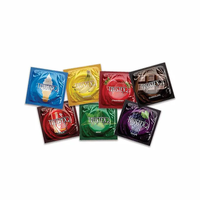 Trustex assorted flavored condoms in seven colored wrappers