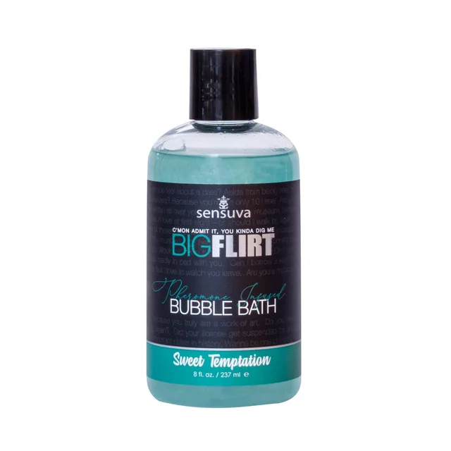 Front of 8 oz Sweet Temptation teal bubble bath bottle
