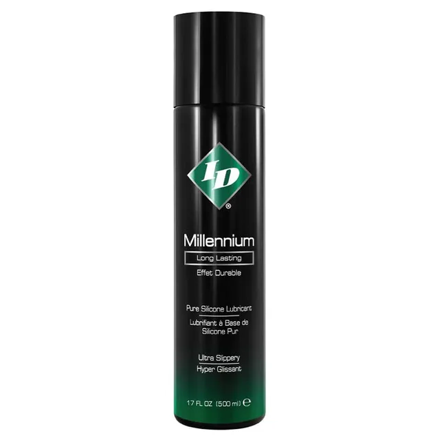 ID Millennium seventeen-ounce silicone lubricant in tall black pump bottle