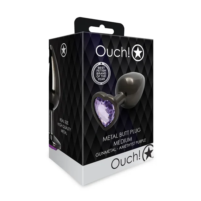Shots Ouch medium gunmetal butt plug with amethyst heart gem angled front retail package