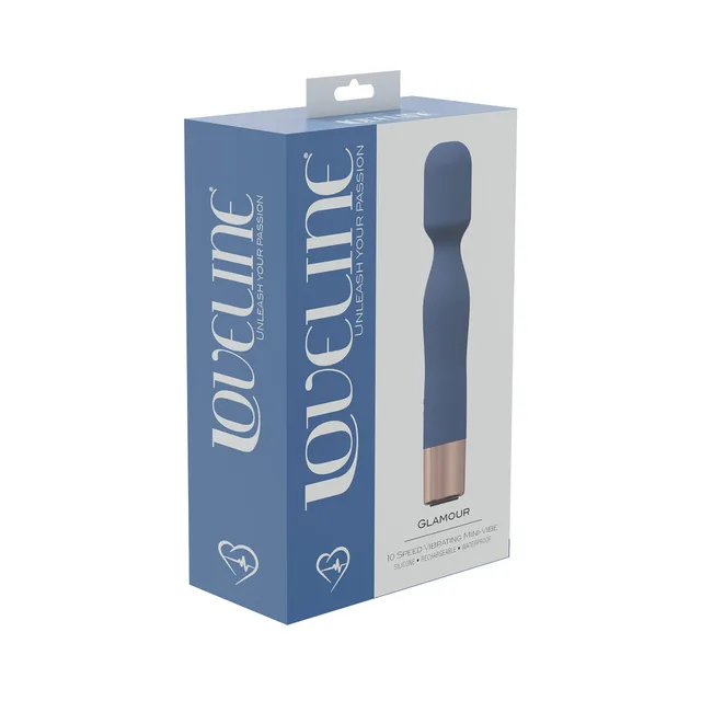 blue-gray LoveLine Glamour mini wand pictured on blue box