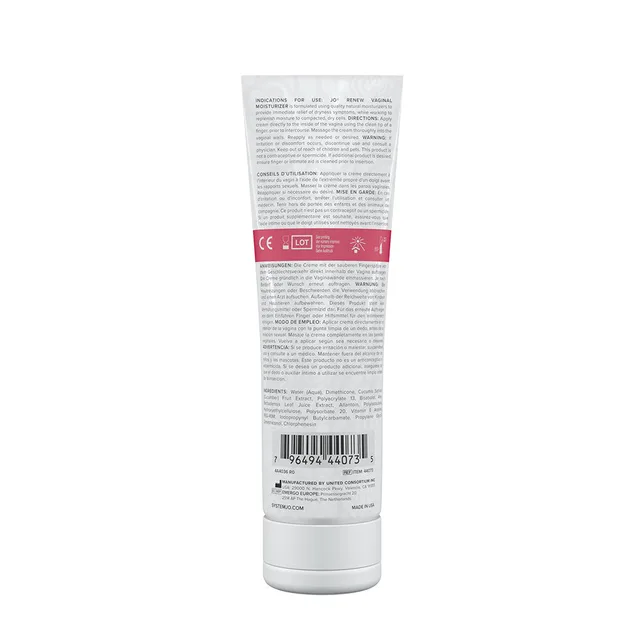 System JO Renew 4 oz moisturizer rear tube view with dense black ingredient text and barcode