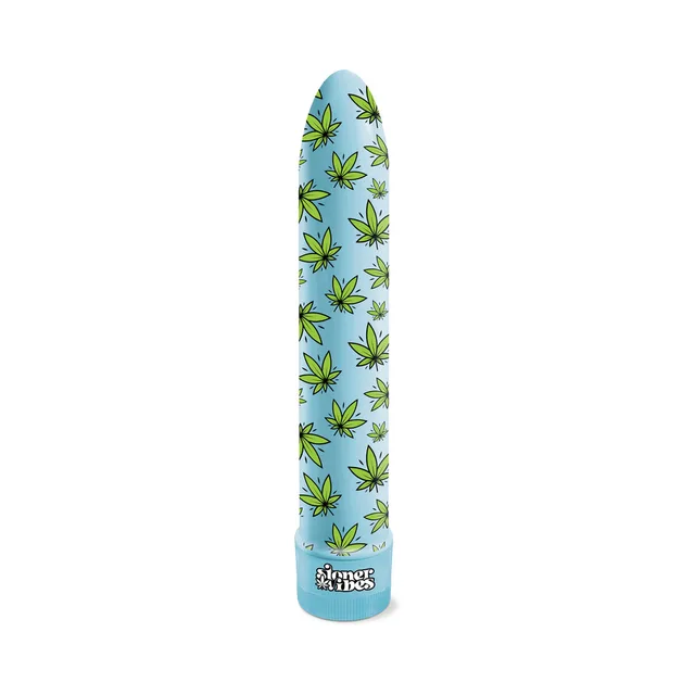 Upright blue Pack A Fatty vibrator with green leaf pattern