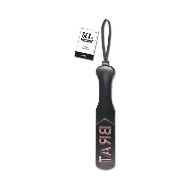 Sportsheets Sex and Mischief Brat black paddle front view with BRAT lettering and wrist loop