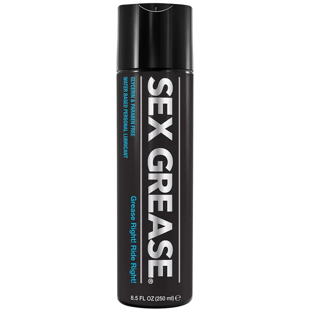 SexGrease clear 8.5 oz water-based lubricant large black pump bottle with blue label