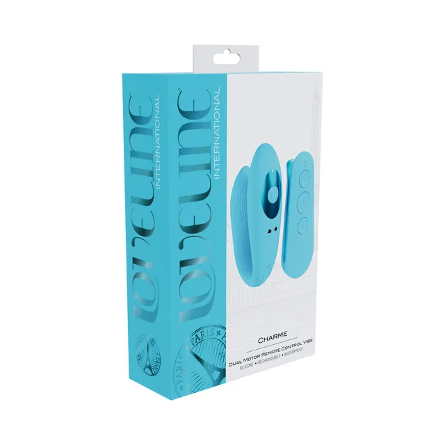 Blue Loveline Charme oval vibrator and remote in turquoise box