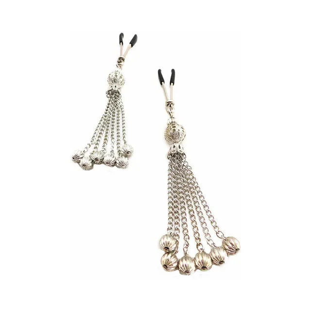 pair of silver-tone tweezer nipple clamps with long chain and bead tassels