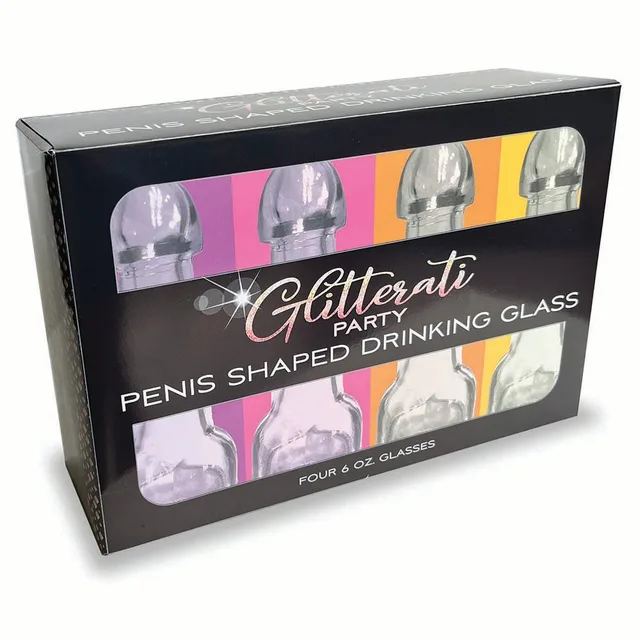 Four Glitterati penis-shaped glasses in black window box