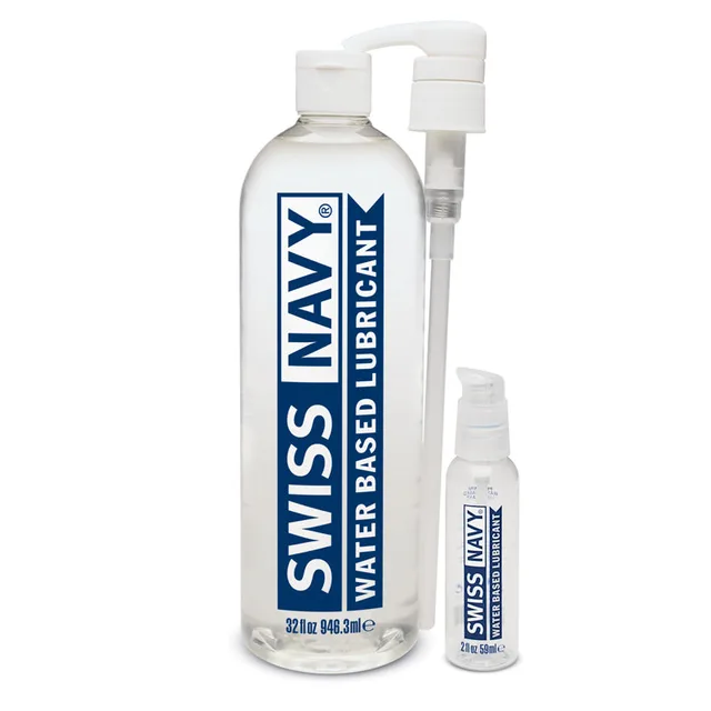 Swiss Navy Water-Based Lubricant 32 oz pump bottle beside small travel bottle
