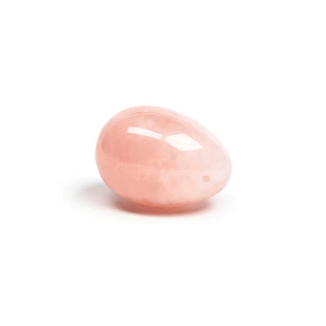 Angled side view of polished Heart rose quartz egg
