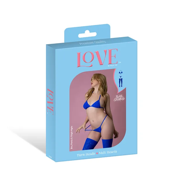 Magic Silk seamless blue bra panty thigh high set displayed in blue retail packaging