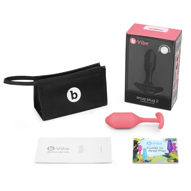 Coral b-Vibe Snug Plug 2 with box, pouch and guide