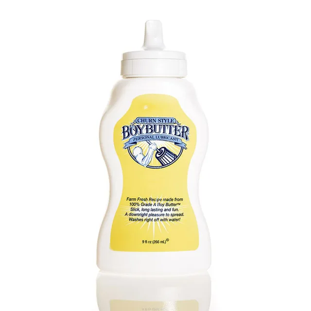 Boy Butter Original 9 oz white squeeze bottle with flip-top cap and yellow label