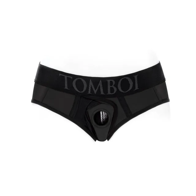 black Tomboi XXS brief with circular front attachment opening