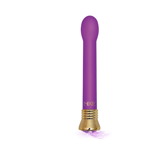 Front view of purple Nixie bulb vibrator on gold-tone base