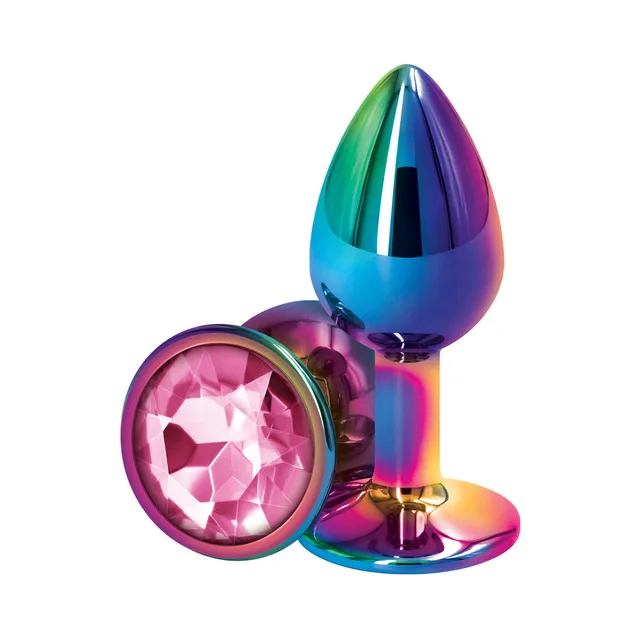 Iridescent small metal plug with faceted pink jewel base